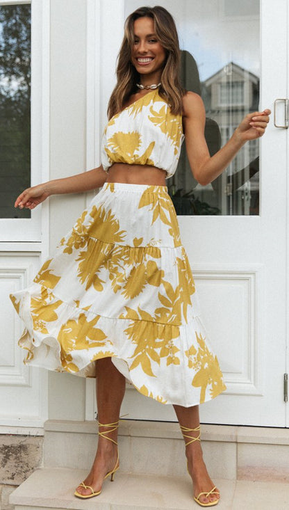 Womens Two Piece Summer Set | Diagonal Collar Crop Top, Large Swing Skirt | noémi