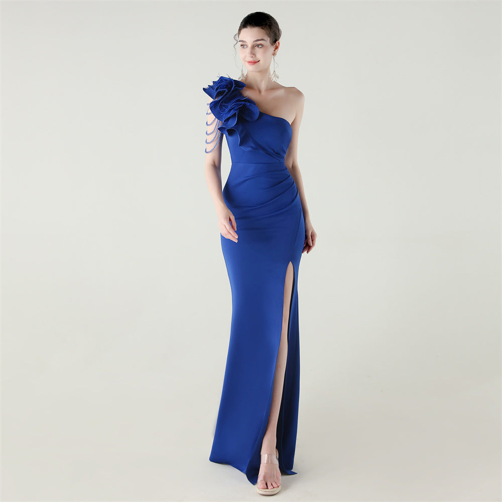 One Shoulder Floral Satin Gown | Beaded Ruffle High Slit | noémi