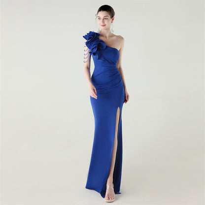 One Shoulder Floral Satin Gown | Beaded Ruffle High Slit | noémi