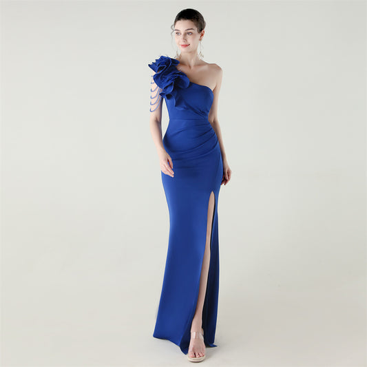 One Shoulder Floral Satin Gown | Beaded Ruffle High Slit | noémi