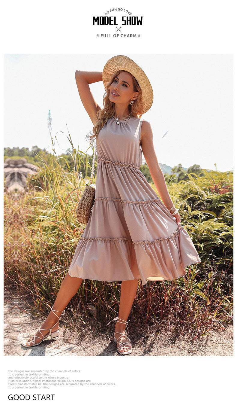 Womens Vest Dress | Solid Color Pleated Design with Wooden Earrings | noémi