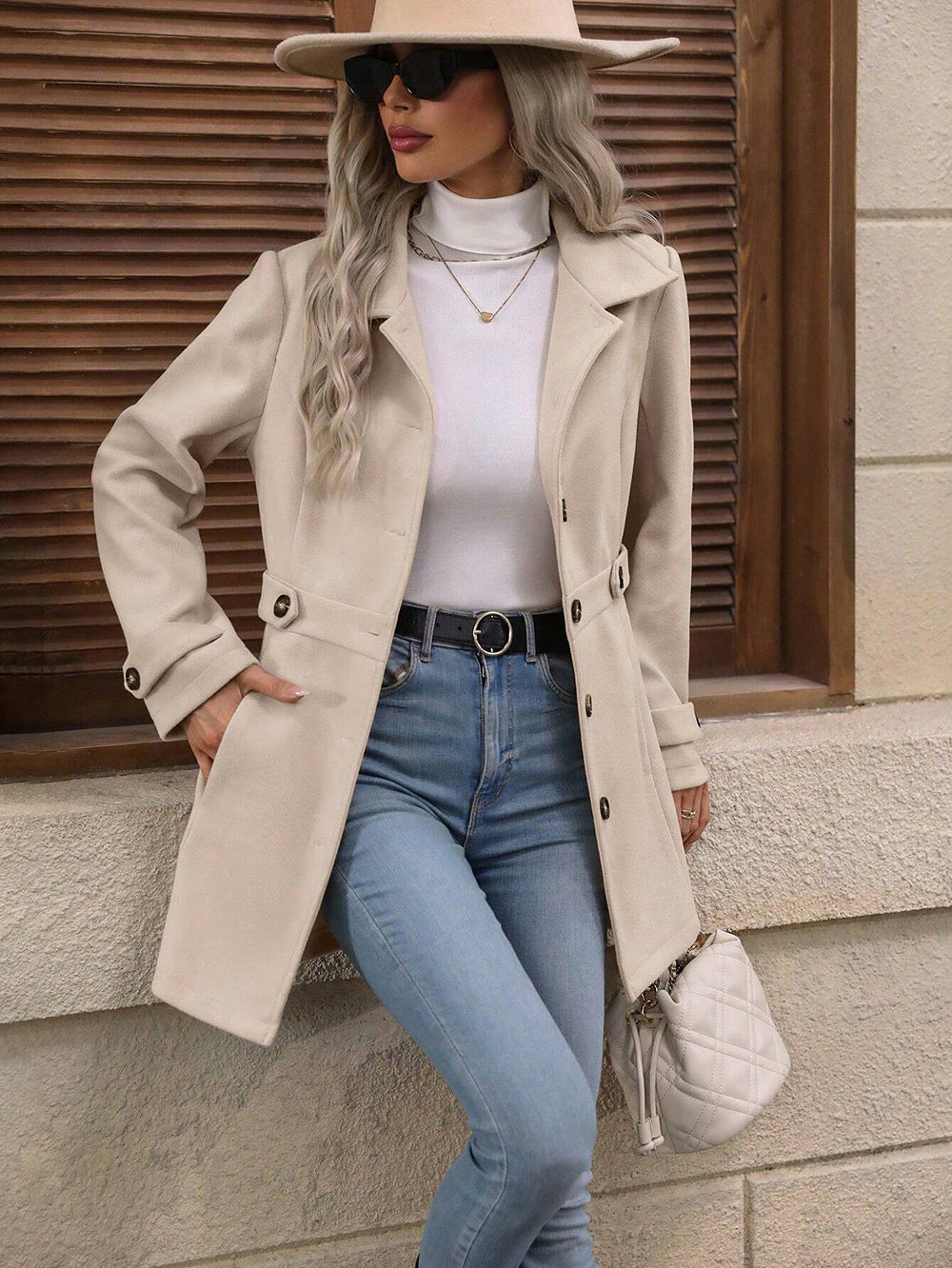 Wool Blend Trench Coat for Women | Slim Fit, Double Breasted | noémi