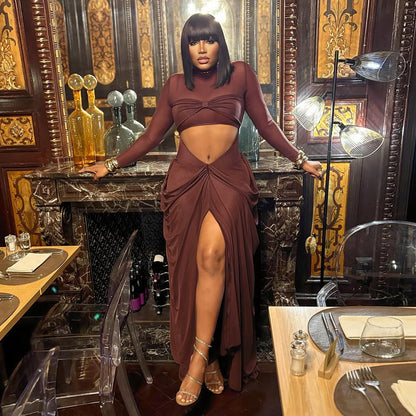 Womens High Collar Long Sleeve Maxi Dress with Side Cutout and Front Slit | noémi