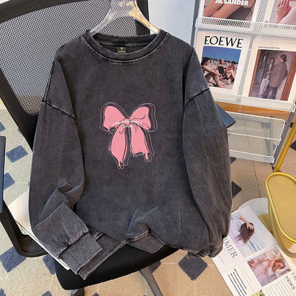 Fleece Lined Bow Sweater | Washed Black, Thickened Loose Fit | noémi