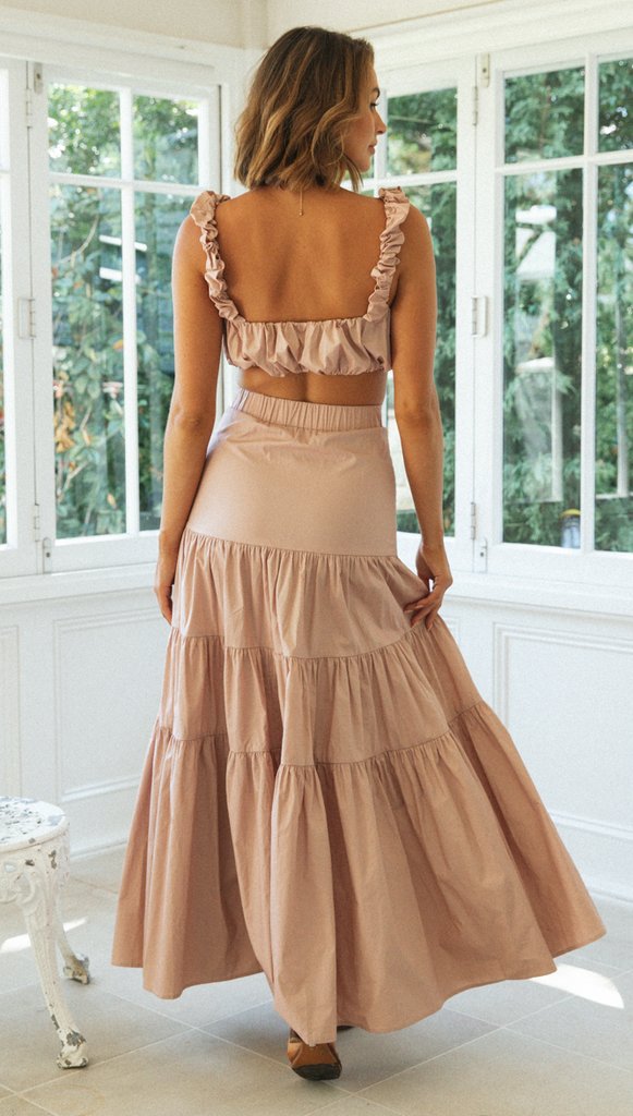 Womens Two Piece Ruffle Strap Crop Top & Tiered Maxi Skirt Set | Matching Outfit | noémi