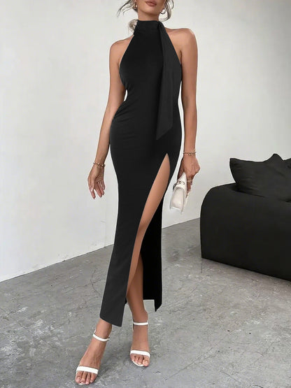 Womens Backless Lace Up Sleeveless Dress with Ribbon Detail High Slit | noémi