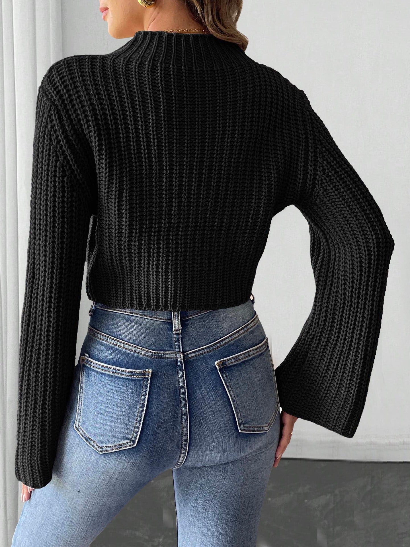 Womens Cropped Knit Sweater with Bow Detail | Flared Sleeves & Half Turtleneck Pullover | noémi