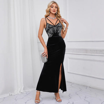 Butterfly Bodycon Evening Dress | Strappy Slit Gown with Rhinestone Detail | noémi
