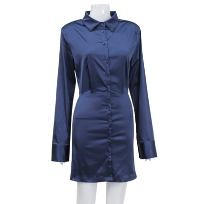 Womens Satin Shirt Dress | Long Sleeve Button Front Short Mini Dress | noémi