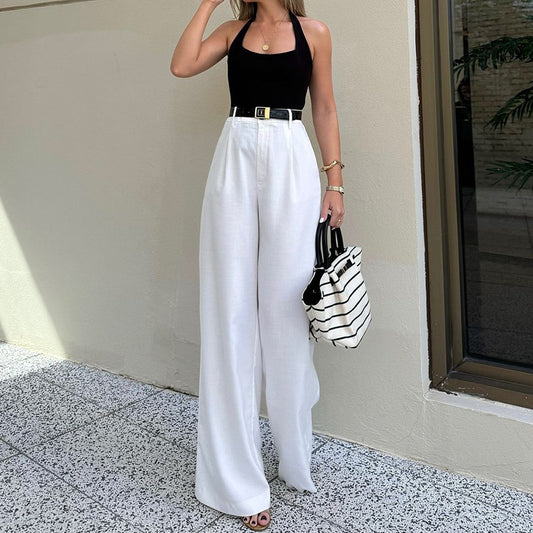 High Waisted Wide Leg Trousers | White Pants with Belted Waist | noémi