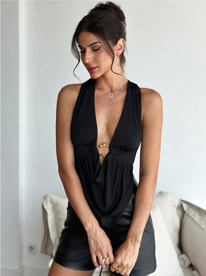 Plunge Halter Ring Top | Deep V Backless Tie Top | noémi
