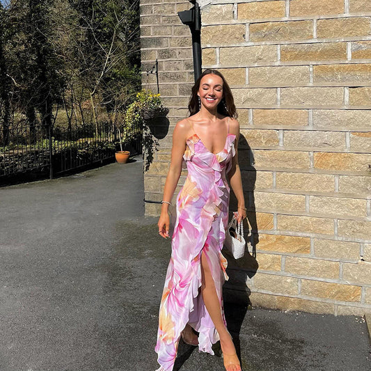 Womens V Neck Printed Sheath Dress with Backless Design and Strap Detail | noémi