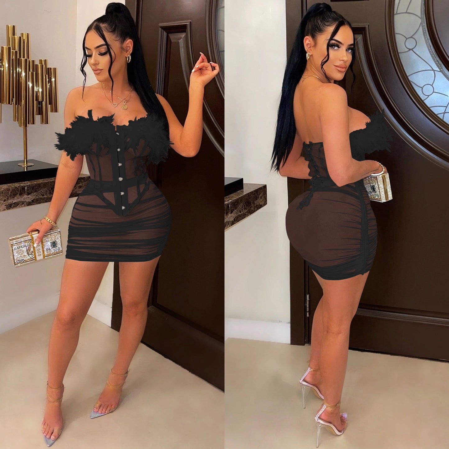 Feather Lace Mesh Vest Pleated Midi Skirt Set | Sheer Two Piece | noémi