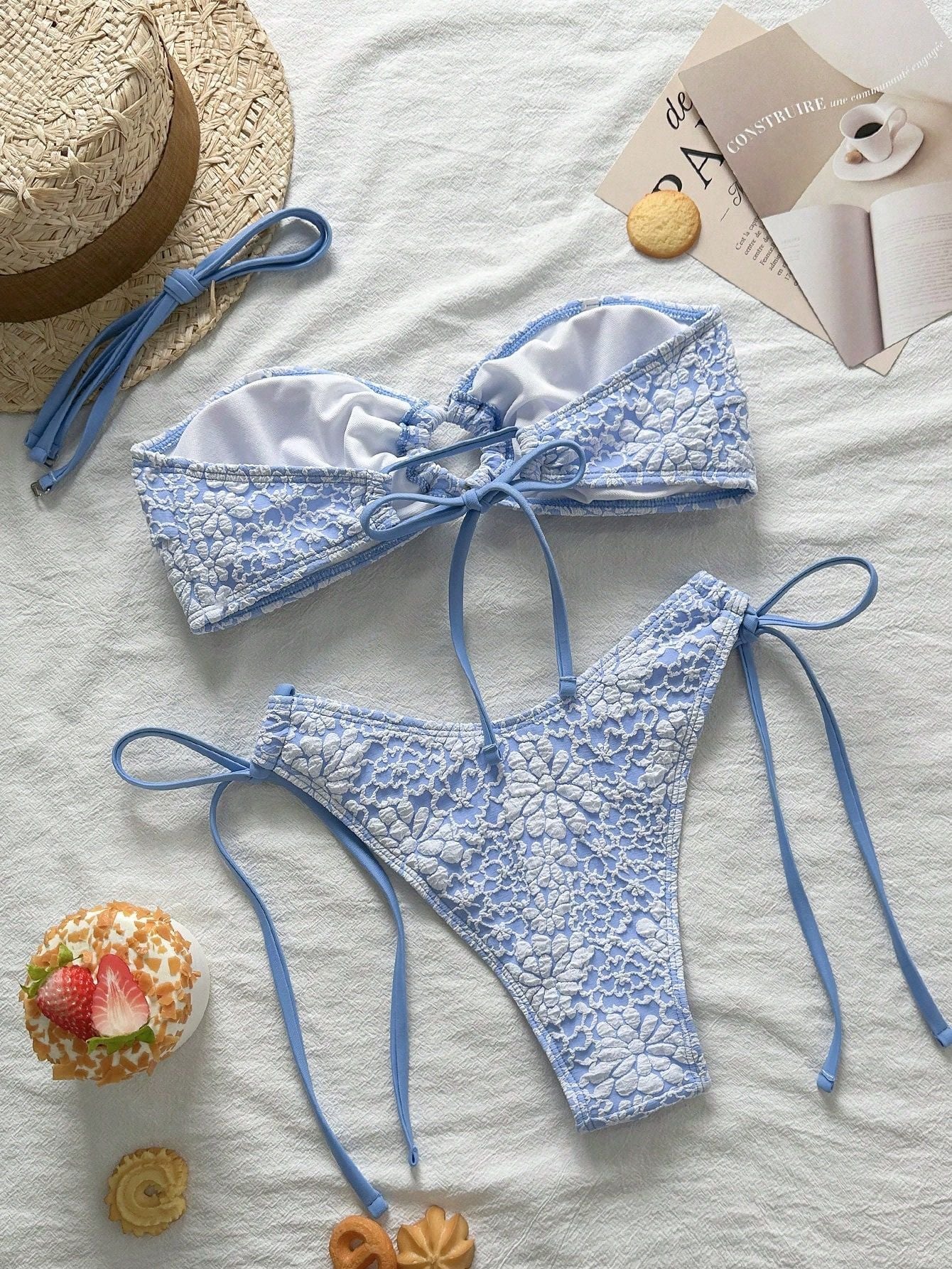 Lace Up Bandeau Bikini | Blue Floral Crochet | High Cut Swimwear Set | noémi