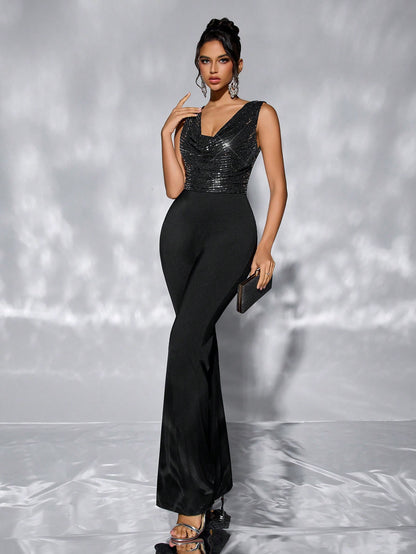 Black Sequin Sleeveless Jumpsuit | Waist Defining, Wide Leg | noémi