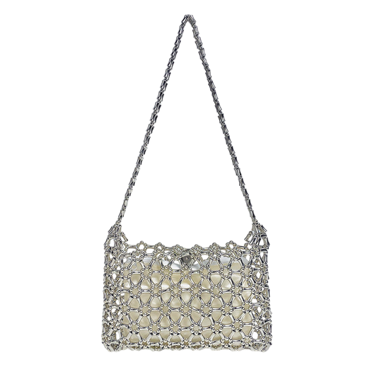 Silver Bamboo-Beaded Shoulder Bag – Hand-Woven Small Carryall | noémi