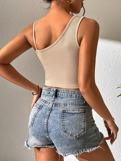 Womens Ribbed Camisole Cut Out Crop Top | Beige Strappy One Shoulder Tank | noémi