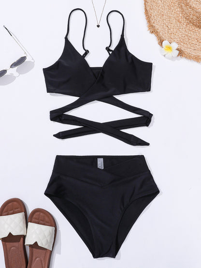 Solid Color Tied Criss Cross Split Bikini Swimsuit | noémi