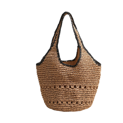 Large-Capacity Straw Shoulder Tote – Hollow-Out Woven, Natural/Black | noémi