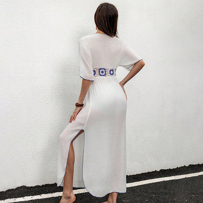 Cover Up Dress | White Midi Kaftan with Blue Floral Detail | noémi