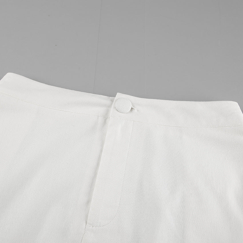 White Cotton Linen TwoPiece Set | Sleeveless Stand Collar Top & Long Slit Skirt | noémi
