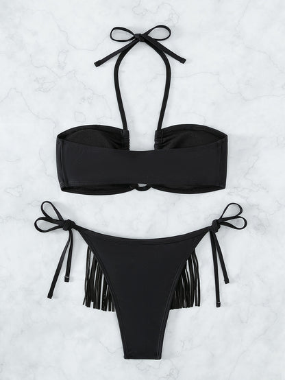 Womens Tassel Rhinestone Bikini | V Neck Halter Strappy Three Piece Swimwear | noémi