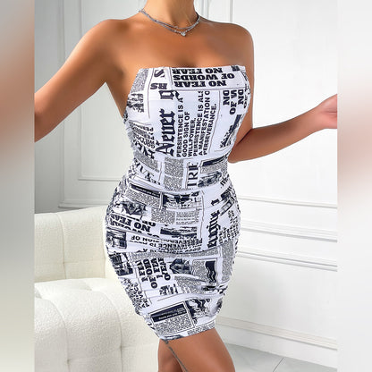 Retro Newspaper Print Bandeau Bodycon Mini Dress | Strapless, Pleated, Slim Fit | noémi