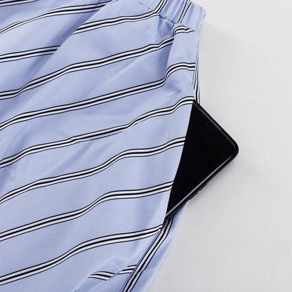 Womens Striped Two Piece Skirt Set | Long Sleeve Round Neck Pullover Top with Tie Waist | noémi