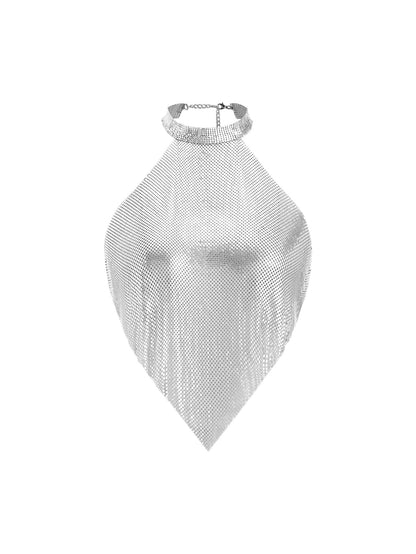 Womens Rhinestone Halter Top | Sparkly Backless Crop Top, Silver Chain | noémi