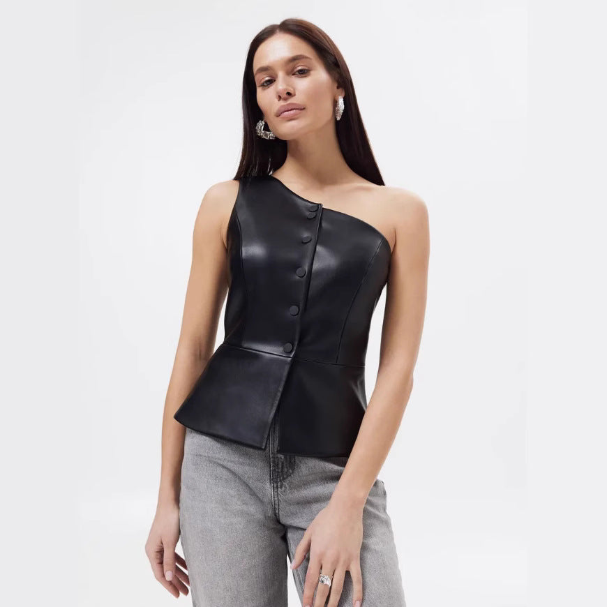 Womens Faux Leather Single Breasted Off Shoulder Vest | noémi