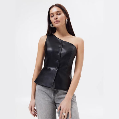 Womens Faux Leather Single Breasted Off Shoulder Vest | noémi