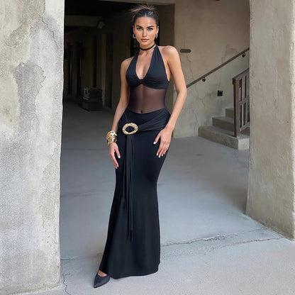 Mesh Halter Dress | Slim Fit Semi Sheer Stitching Tie Back | noémi