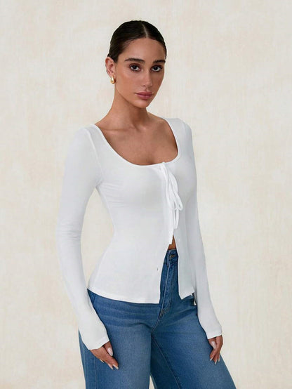 Women's Long Sleeve Cardigan Top with LaceUp Front | Button Detail | noémi
