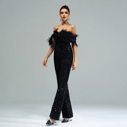 Women’s Black Sequin Off Shoulder Feather Jumpsuit | noémi