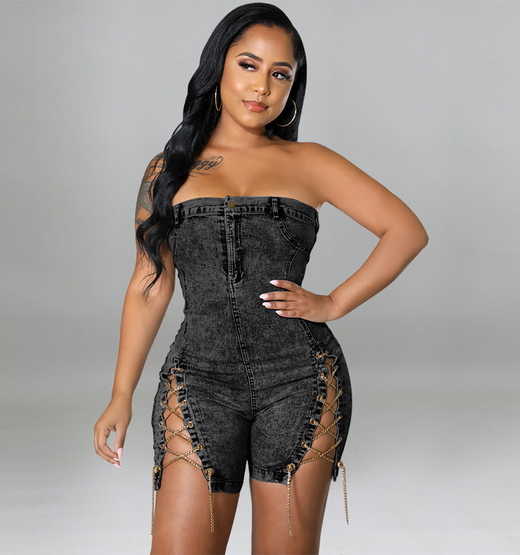 Women's Denim Romper | OffShoulder Copper Chain Dress | noémi