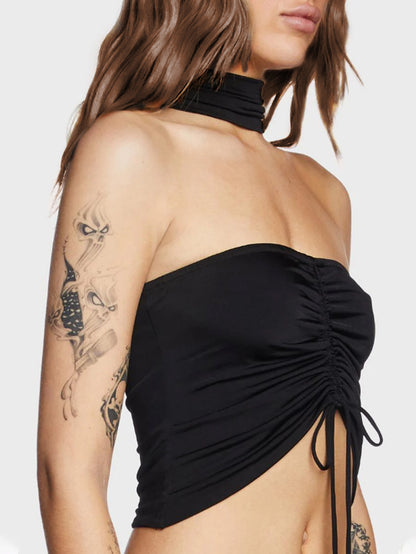 Womens Choker Tube Top | Ruched Front | Open Tie Waist | noémi