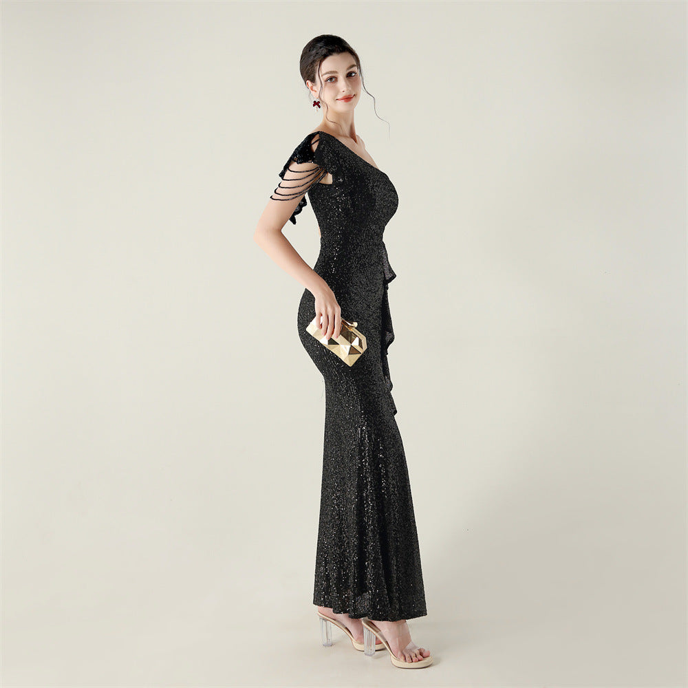 One Shoulder Ruffle Sequin Dress | noémi