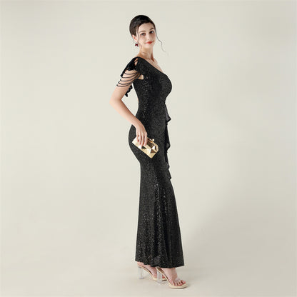 One Shoulder Ruffle Sequin Dress | noémi