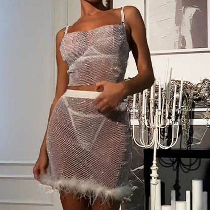 Mesh Feather Trim Body Shaping Suspenders Four Piece Underwear Set with Split Design | noémi