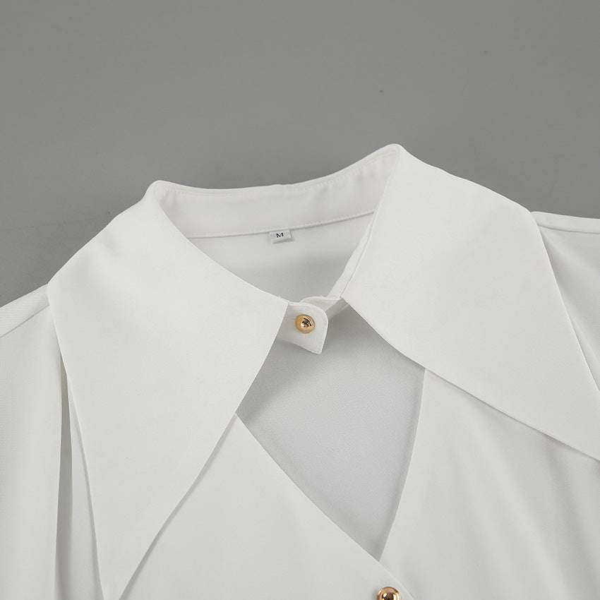 White Collared Slim Fit Long Sleeve Chiffon Shirt with Hollow Out Cutouts for Women | noémi