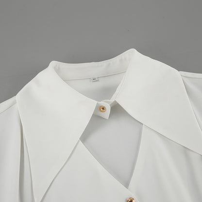 White Collared Slim Fit Long Sleeve Chiffon Shirt with Hollow Out Cutouts for Women | noémi