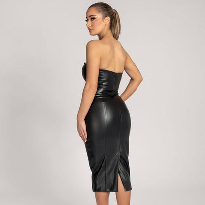 Faux Leather Midi Dress | Slim Fit Tube Top with Back Slit | noémi