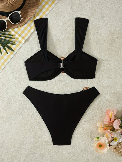 Solid Color Low Waist Backless Bikini with Suspender Metal Accessories | noémi