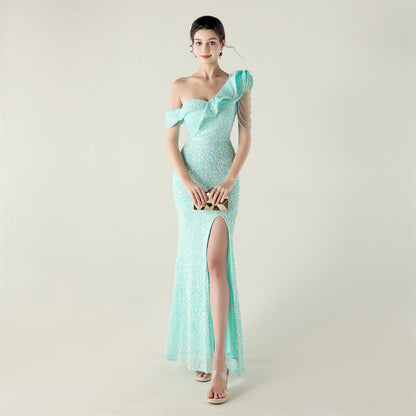 One Shoulder Ruffled Sequin Gown | noémi