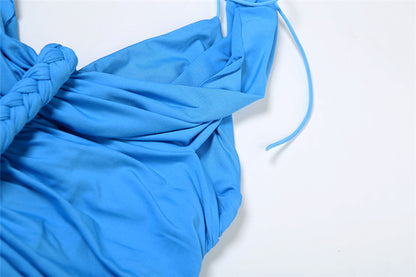 Womens Blue Ruched Bodycon Dress | French VNeck, Halter Lace Up, Ruffle Detail | noémi