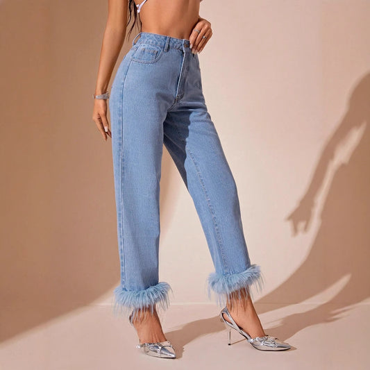 Feather Hem Straight Leg Jeans | High Waisted Blue Denim with Luxe Trim | noémi