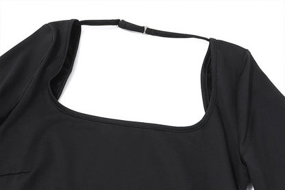 Backless Black Long Sleeve Bodysuit | Strappy Open Back Square Neck | noémi