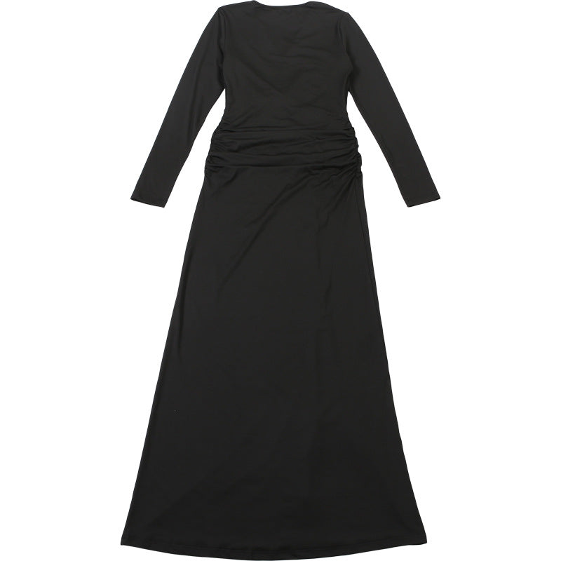 Womens Fall Deep V Neck Split Solid Color Dress | noémi