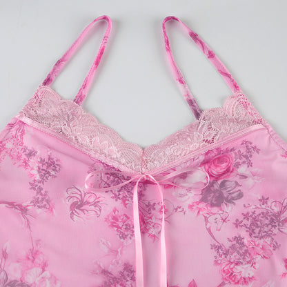 Lace Patchwork Dress | Retro VNeck Sling Dress | Irregular Hem | Floral Print Mini Dress | noémi