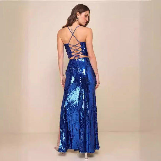 Women’s Sequin Two Piece Set | Lace Up Back Crop Top & Long Skirt | noémi